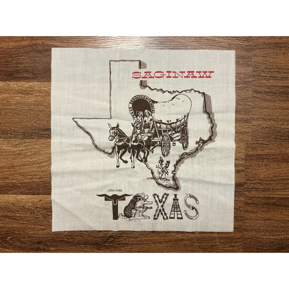 Vtg 1985 MAGIC ARTS Cotton Fabric Panel SAGINAW TEXAS SESQUICENTENNIAL 12"